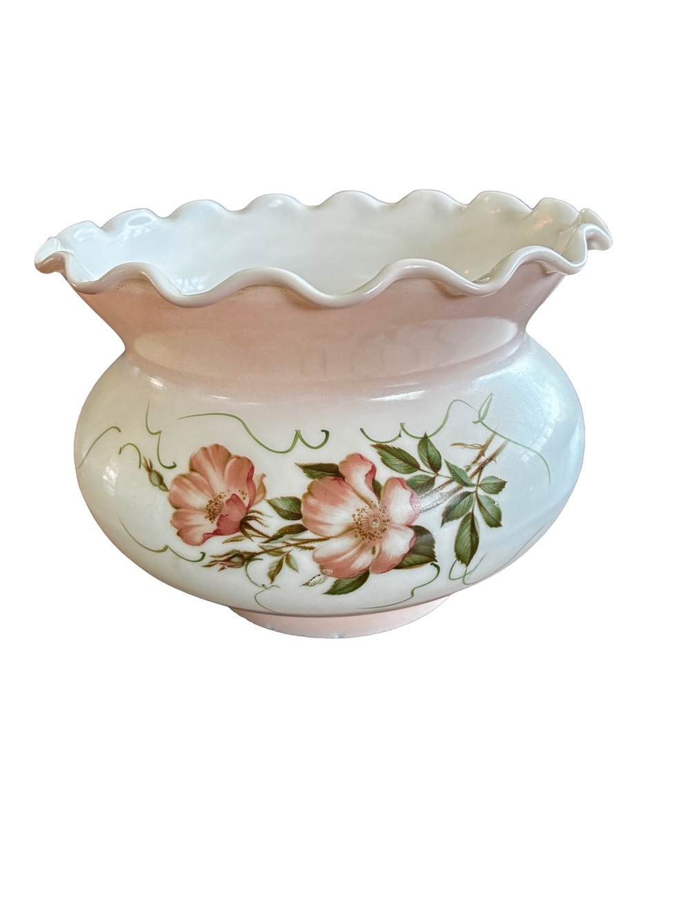Vintage Hand Painted Peach Pink Glass Lamp Shade Floral Ruffled Hurricane